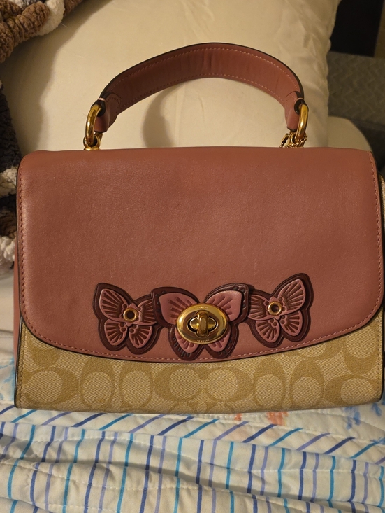 Coach Handbags - Coach Pink Leather & Signature Canvas Satchel with Butterfly Accents
